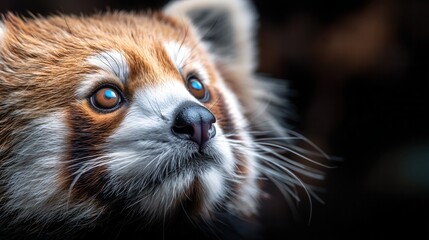 Close-up of a red panda's face, looking upward