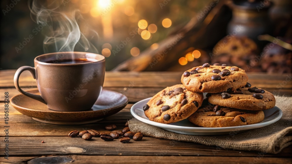 Poster a cup of coffee steaming on a wooden table with a plate of chocolate chip cookies next to it