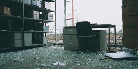 Desolated Office Space with Shattered Glass