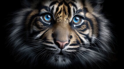 Obraz premium Close-up of a tiger cub's face, with striking blue eyes and intricate markings