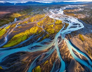 aerial view of a colorful braided river in iceland an abstract natural background with intricate patterns and textures a top down perspective of an alien landscape abstract aerial photography the