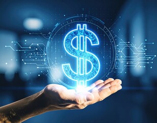 Hands holding glowing holographic dollar symbol