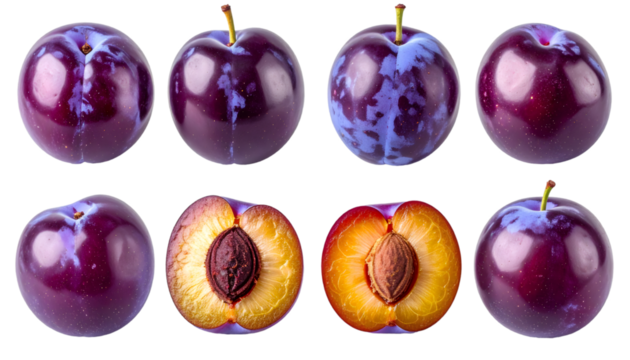 Set of whole, halved and pitted plums isolated on transparent background