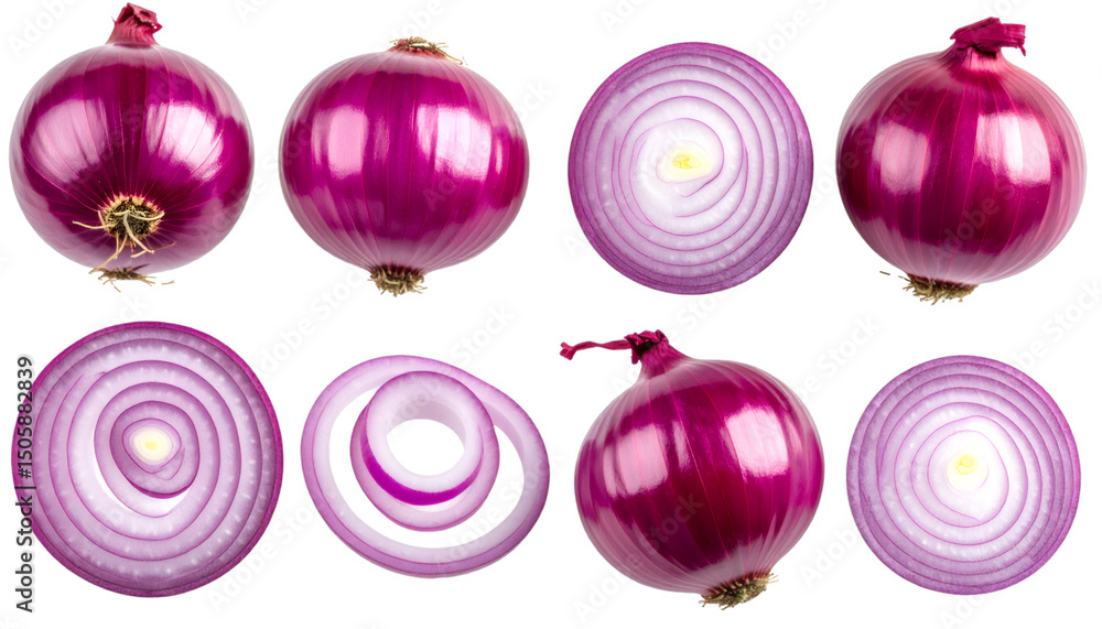 Poster set of whole, halved and sliced red onions isolated on transparent background