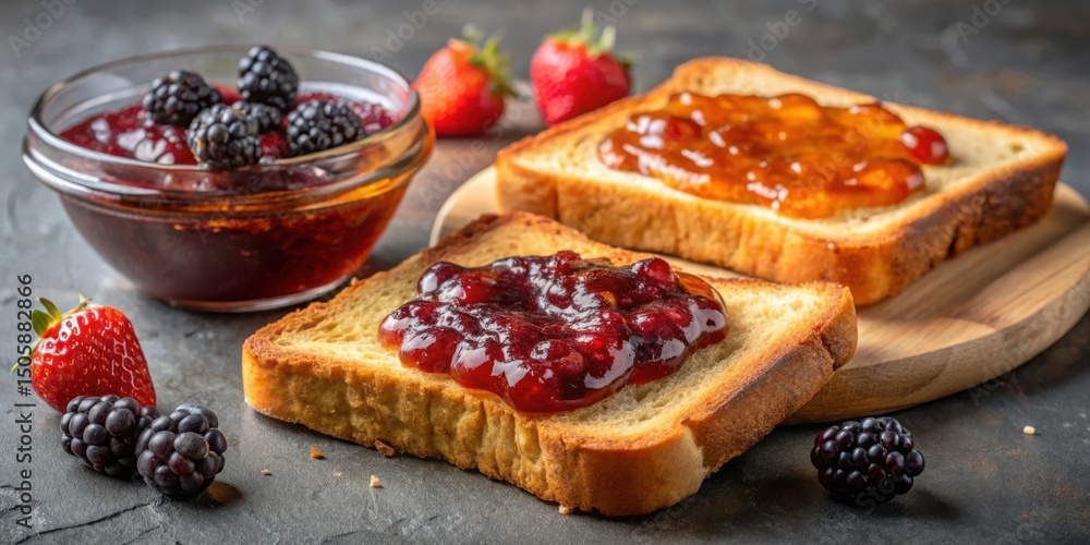 Poster a slice of toasted bread topped with a dollop of bright red jam, alongside another slice spread with