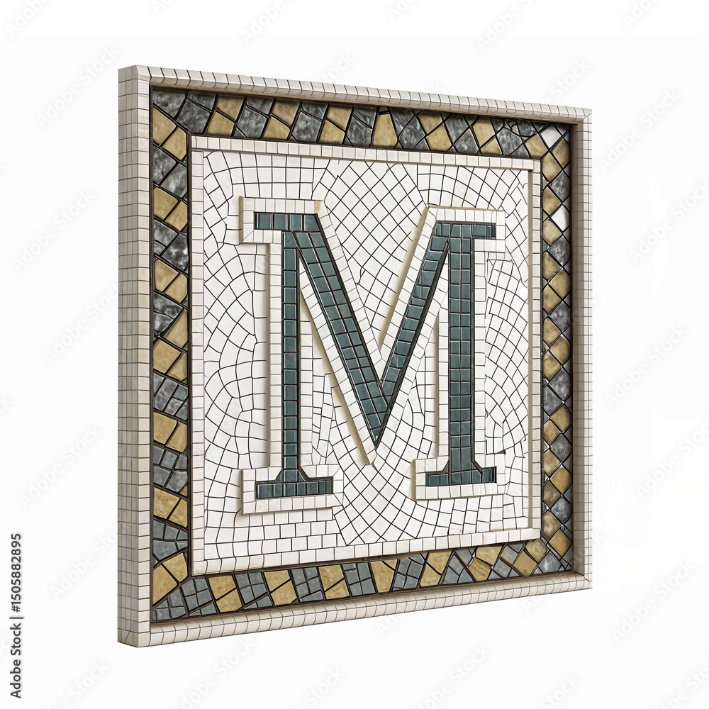 Poster elegant mosaic letter m design with geometric patterns and decorative border on transparent backgrou