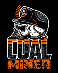 coal miner logo design with skull wearing hard hat and mining light