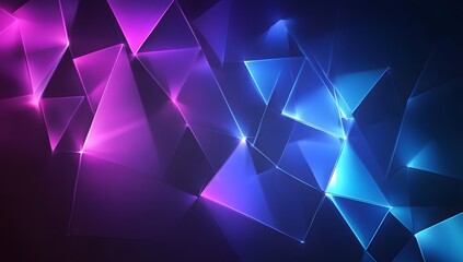 Vibrant neon blue and pink light triangles arranged in an endless tunnel, creating a dynamic background 