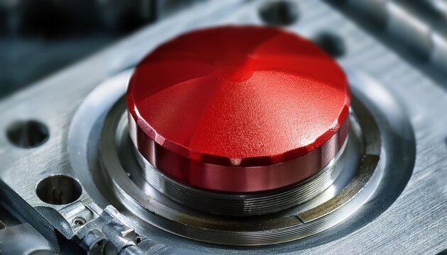 a close up shot of a metallic component featuring a red knob showcasing intricate details and textures ideal for industrial and engineering contexts