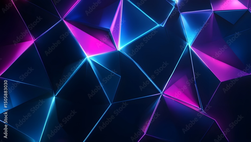 Poster vibrant neon blue and pink light triangles arranged in an endless tunnel, creating a dynamic backgro