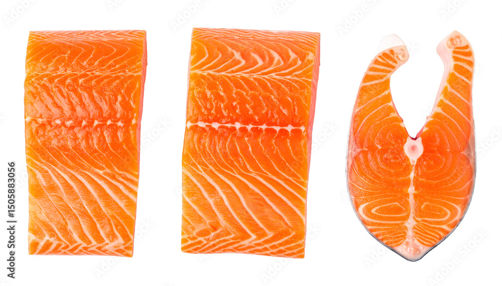 Poster set of raw salmon fillet sliced and smoked isolated on transparent background