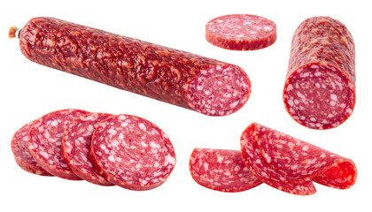 Set of salami stick sliced and chopped isolated on transparent background