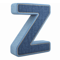Three Dimensional Letter Z Made of Denim Fabric with Stitching on Transparent Background