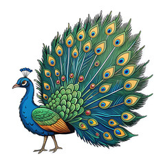 Vibrant Colorful Peacock with Elegant Feather Display on Transparent Background