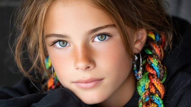 Close-up portrait of a young girl with expressive eyes and colorful braids
