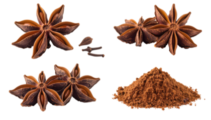 Set of star anise, whole, broken and ground with transparent background