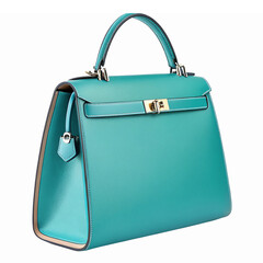 Elegant Turquoise Handbag with Gold Hardware and Classic Design on Transparent Background