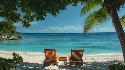 Tranquil beach scene with wooden loungers under a palm tree.