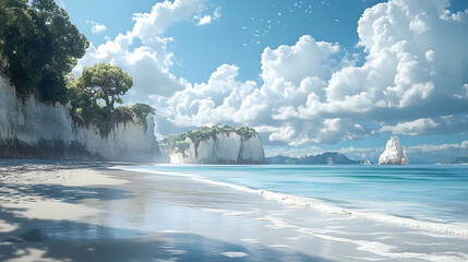 Serene coastal scenery with white cliffs and azure waters.
