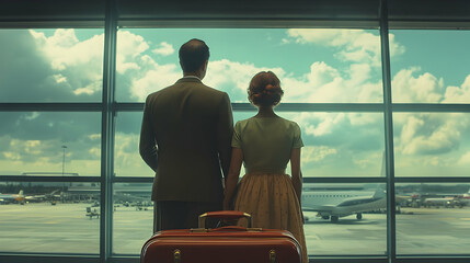 A couple stands at the airport window, gazing at the departing aircraft.