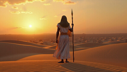 Solitary Figure representing Pharaoh Priest contemplative standing against Dramatic Desert Sunset Dunes with copy space