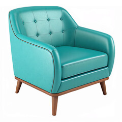 Modern Turquoise Accent Chair with Button Tufting and Wooden Legs on Transparent Background