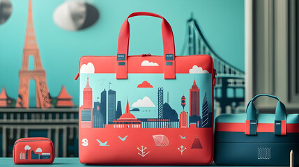 Colorful city skyline printed bags displayed on a teal background.