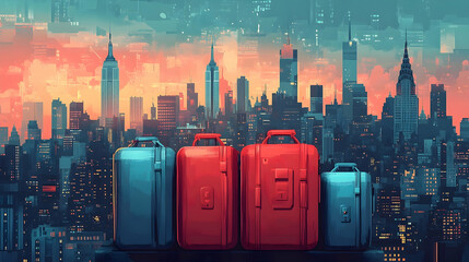 Colorful suitcases are positioned against a cityscape backdrop.