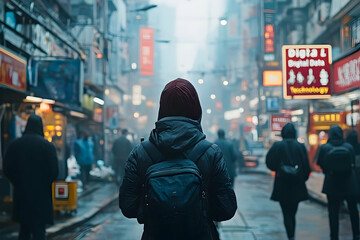 Person walking down a busy city street.