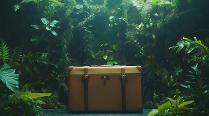 Vintage suitcase in a lush jungle setting.