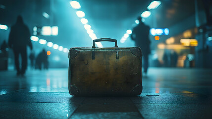 A vintage suitcase sits abandoned in a dimly lit station.