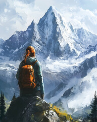 A hiker gazes at a majestic snow-capped mountain range.