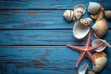 Seashells and starfish on a blue wooden surface.