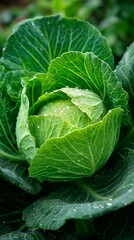 Obraz premium Fresh Green Cabbage With Dew Drops in a Lush Garden During Early Morning Light