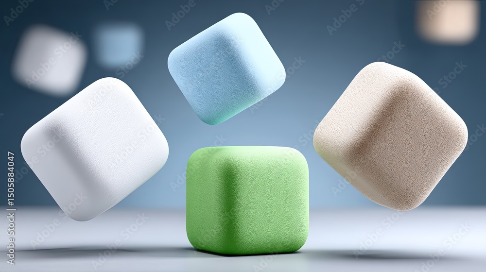 Poster three glass cubes float slowly in a gradient blue background, illuminated by a glowing green cube in