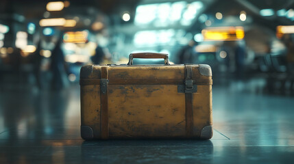 Aged suitcase in a busy airport terminal.