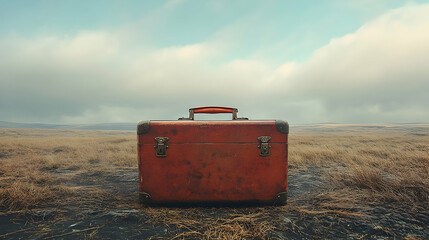 Rusty vintage suitcase on a vast plain.