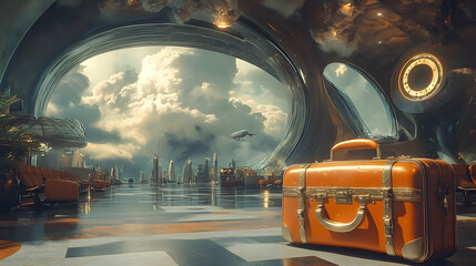Futuristic airport lounge with a vintage suitcase.