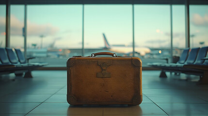Vintage suitcase in an airport waiting area.