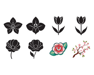 Elegant Flower Icons Orchid, Tulip, Anemone, Camellia, Cherry Blossom 