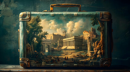 Antique suitcase with a painted scene of an ancient city.