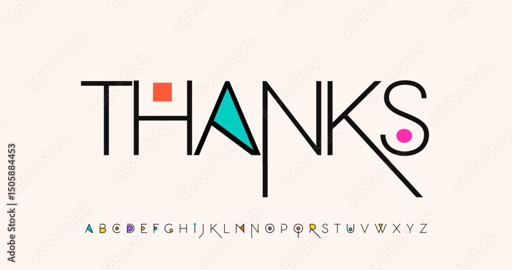 Poster Thanks text with modern geometric style for subscribers and followers. Minimalist colorful font for greeting card, branding, logo, social media headline. Font alphabet logo design.Vector illustration.