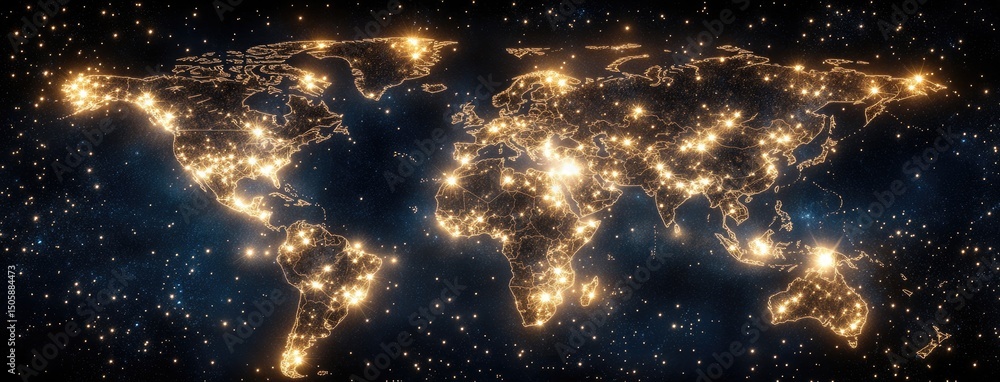 Poster experience a visual representation of a global network connection map featuring location signs in an