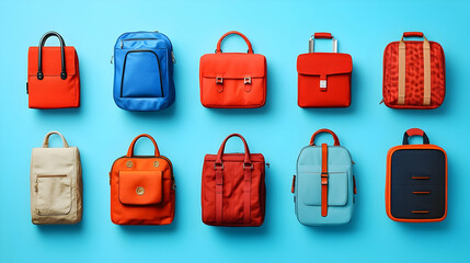 Colorful bags arranged on a vibrant background.