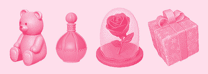 Pink pixel collage with teddy bear, perfume, glass rose, and gift box. Perfect for Valentine&rsquo;s Day, romantic packaging, girly merch, stickers, and Y2K digital designs.