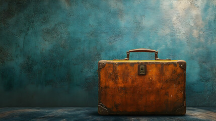 Aged suitcase against a teal backdrop.