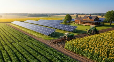 Traditional Farm with Wide Crop Fields of Soybeans and Sunflowers, Integrated with Solar Panels on Adjustable Frames for Maximum Efficiency, Featuring a Classic Wooden Farmhouse and a Tractor Under Mo