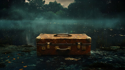 Aged suitcase rests on a misty lakeshore.