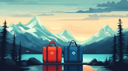 Two travel bags by a serene mountain lake.