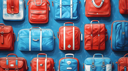 Colorful vintage suitcases and backpacks arranged in a grid pattern.